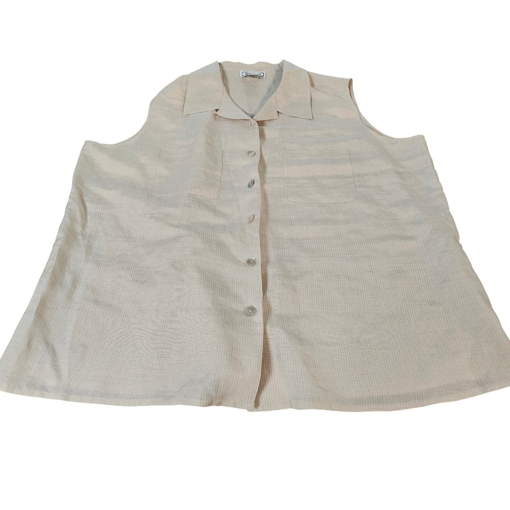 Silk Land Sleeveless Shirt Women 3X Beige Excellent Silk Linen Blend Camp Collar